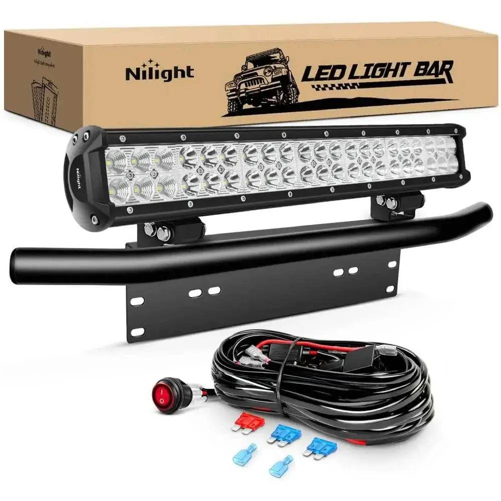 Nilight 1 x 20-in 126W Double Row Spot-Flood LED Work Light Bar, 1 x Front License Plate Mounting Bracket, 16AWG Wire, 3-Pin Switch, Aluminum Alloy Diecast Housing, Side Lamp, Underglow Car Lights, -40~85°C, Automotive Vehicle Accessories, Waterproof
