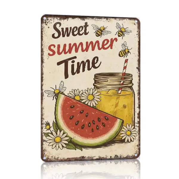 8x12 in Retro Nostalgic Old-Fashioned Watermelon Bees Aluminum-Based Home Sign, Hanging Art Decoration for Home, Kitchen Wall Decor, Aluminum-Based Home Signs, Nostalgic Home Signs