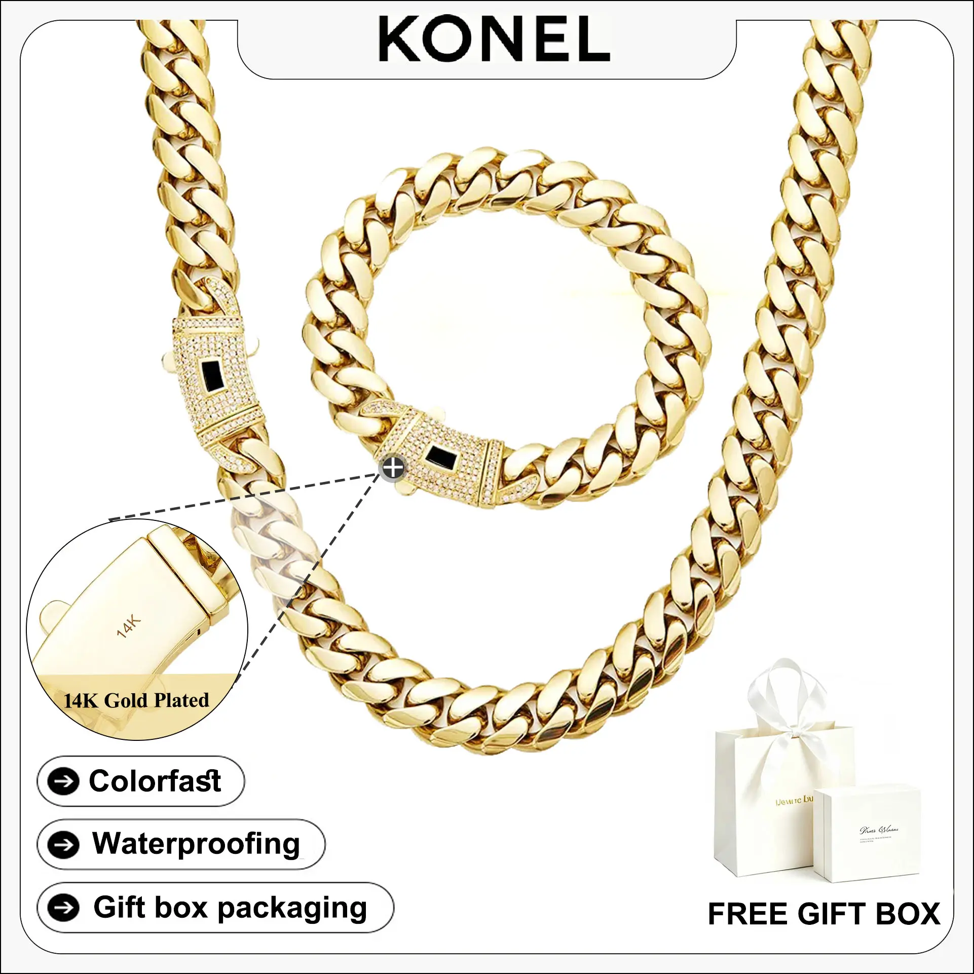 14K Gold Plated Cuban Chain Set. Anti-rust, hypoallergenic, comfortable daily wear. 6mm & 8mm sizes, stylish men’s jewelry for all occasions.