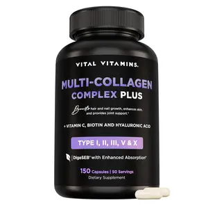 Vital Vitamins Multi Collagen Complex Plus - with Biotin, Hyaluronic Acid, Vitamin C - Type I, II, III, V, X - for Women & Men - Hair, Skin, Nails Beauty Complex - 150 Capsules