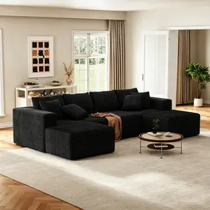 【Deals For You】ModemHub 132" Boneless Memory Foam Sectional Sofa, Corduroy Sectional Couches for Living Room, Oversized U Shape Comfy Modular Compression Cloud Sleeper Sofa with Deep Seat, No Assembly Required, Black