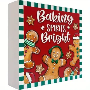Christmas Gingerbread Man Wooden Box Sign Decor, Xmas Holiday Baking Spirits Bright Decorative Square Wood Sign, Winter Farmhouse Rustic Tiered Tray Shelf Table Desk Home Decorations 5 x 5 Inch