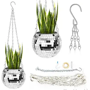 Disco Ball Planter, 8-Inch Indoor Hanging Plant Pot, Decorative Mirror Stand Rope Chain for Porch & Home Garden, Large Plastic Planter, Christmas Gift