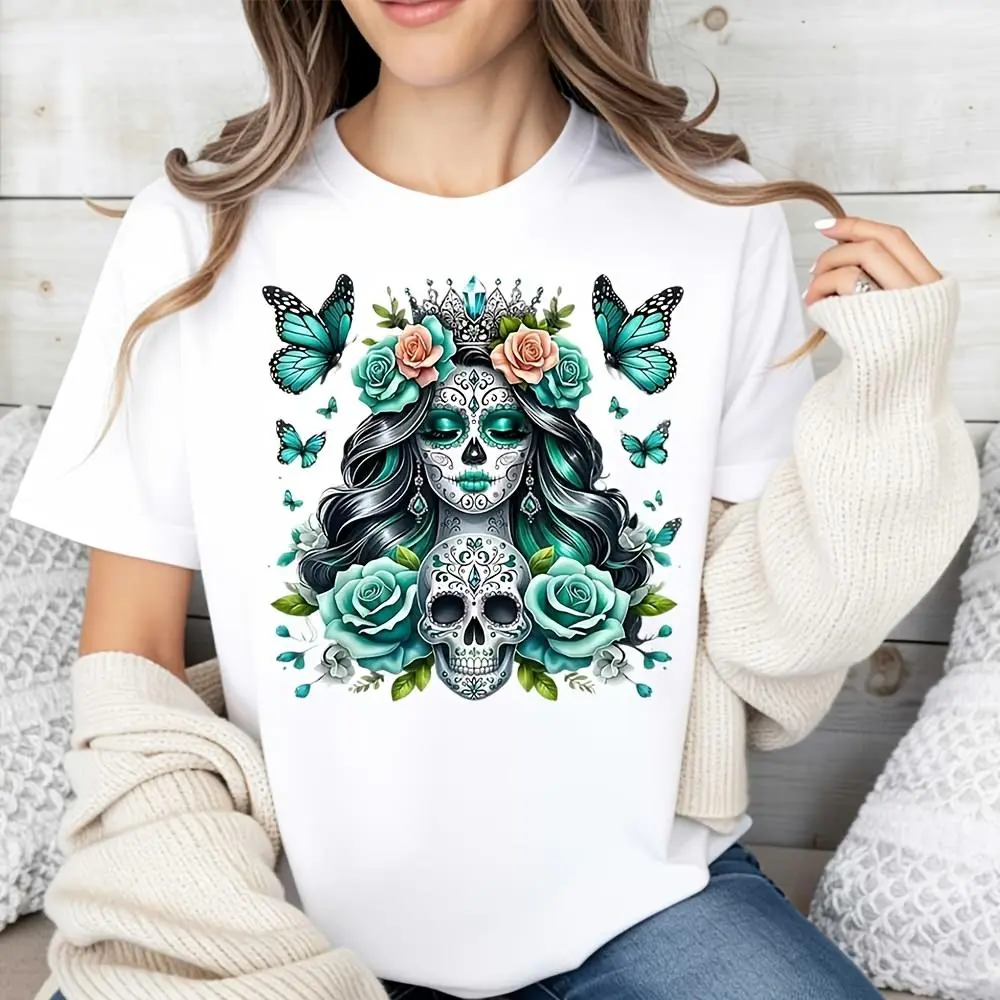 Sugar Skull With Roses And Butterflies Print, Raglan Long-Sleeved T-Shirt, Day Of The Dead Halloween Gothic Style, Casual Daily Wear Party