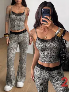 Hype Y2K Leopard Print 2 Piece Set, Clothes, Aesthetic Lace Trim Cami & Flared Wide Leg Pants, Multi Colors Available, Perfect for Casual Chic and Retro Streetwear, Viral TikTok Trend, Soft Breathable Fabric, Slaying Look