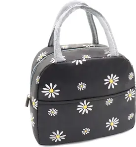Insulated Lunch Bag Women, Reusable Cute Tote Lunch Box for Adult & Men, Leakproof Cooler Lunch Bags for Work Office Travel Picnic (Black with White Daisy) No Brand