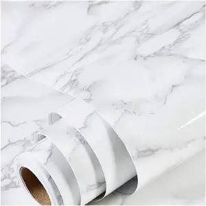 Glossy Marble Pattern Wallpaper, Granite White/Grey Kitchen Countertop Cabinet Furniture Refurbishment Thick Removable Wallpaper, Peel and Stick Vinyl Roll