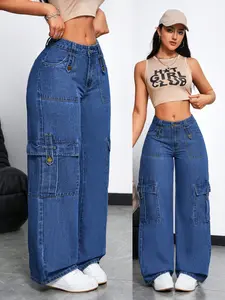 Women's High-Waisted Basic Wide-Leg Denim Jeans Pants, Loose-Fit Straight Leg Jeans with Large Pockets and Button, Casual Streetwear Fashion Clothing for Women, Womenswear