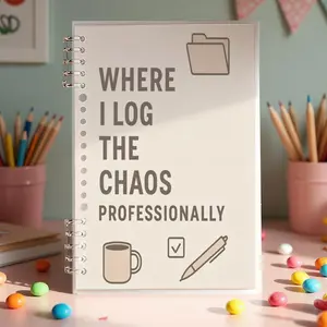 Minimalist Professional Notebook, A5 Lined, Beige Background Design with "WHERE I LOG THE CHAOS PROFESSIONALLY" Text & Icons, Ideal for Work/Productivity, Organize Chaos with Humor, Premium Paper Material