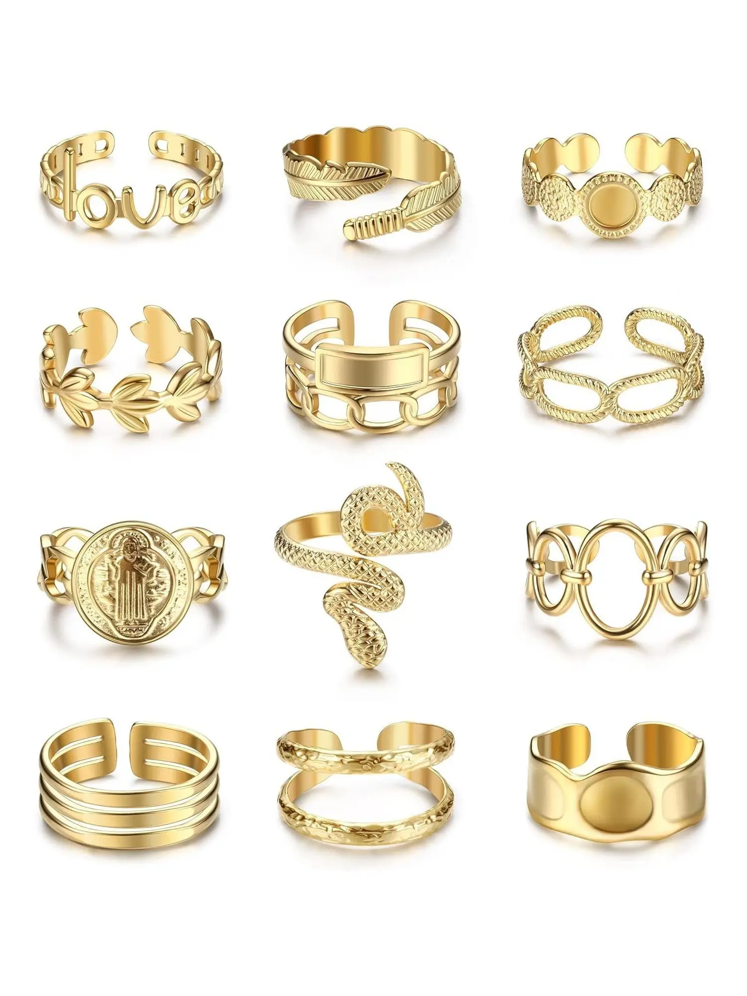 12 Pcs 18K Gold Plated Ring Set for Women, Stainless Steel Statement Multi Ring Pack Interlocked Fashion Stackable Rings Stacking Boho Midi Rings Adjustable Open Ring Band Twisted Signet Rings Non Tarnish Gold Rings