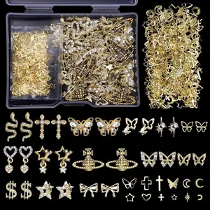 320 Pcs 3D Gold Nail Charms, Cross Snake Star Heart Dangle Nail Gems Charms, Bow Planet Dollar Butterfy Nail Gems for Alloy Nails, Rivet Nail Charms Rhinestones for Nails Art DIY Design