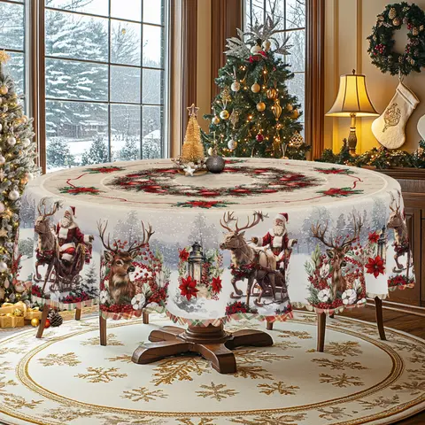 XEXSIN 1pc Vintage Retro Christmas Print Overlay Table Cover (Rectangle/Round) - Santa Scene Detail, Festive Retro Art, Vintage Christmas Decor, Patio Decoration, Home Kitchen Accessory for Birthday, Anniversary, Baby Shower