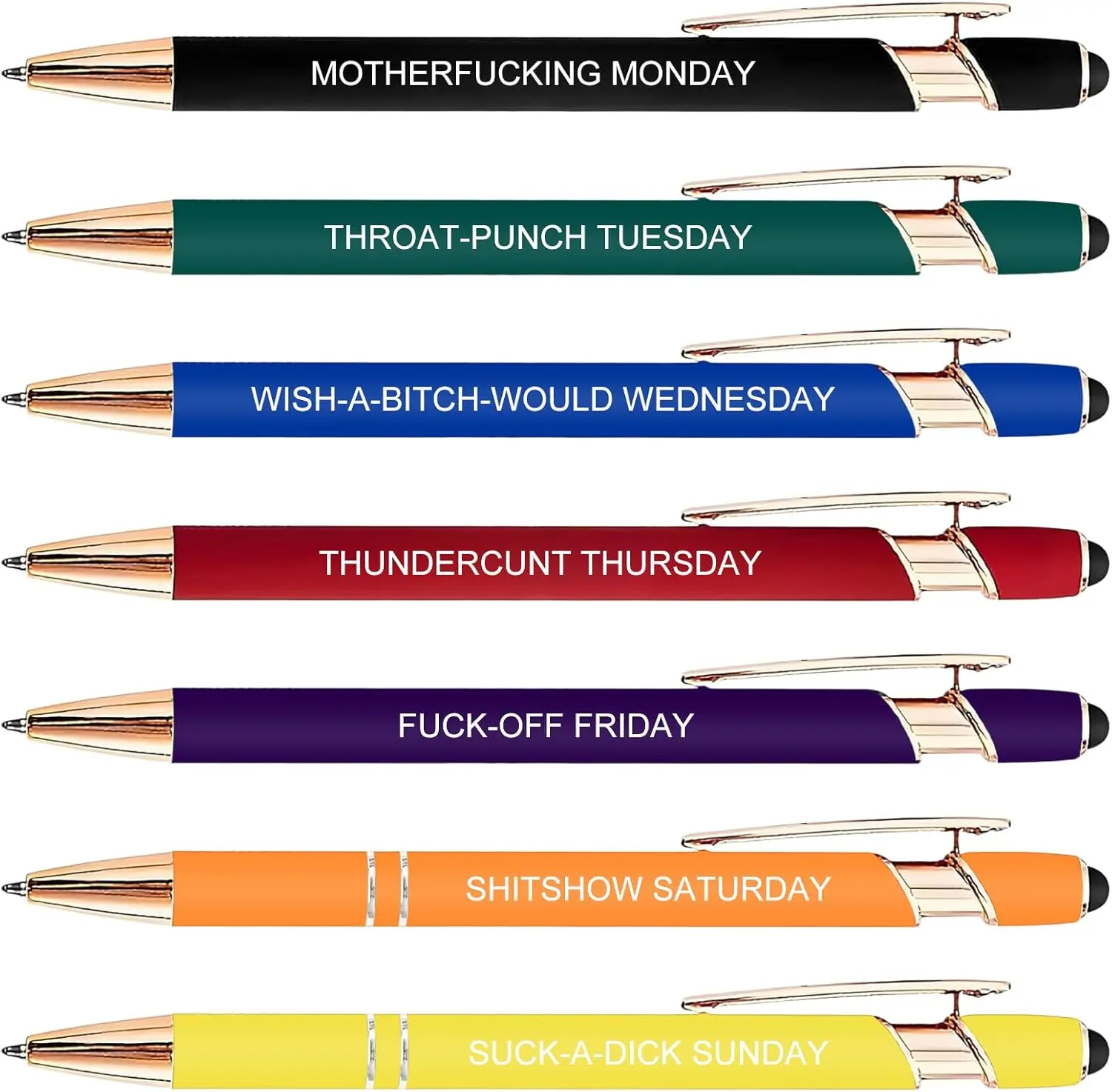 Funny Ballpoint Pens 7 Pack – Sarcastic Days of the Week Pen Set, Black Ink Retractable Writing Pens, Coworker Gifts and Office Desk Accessories