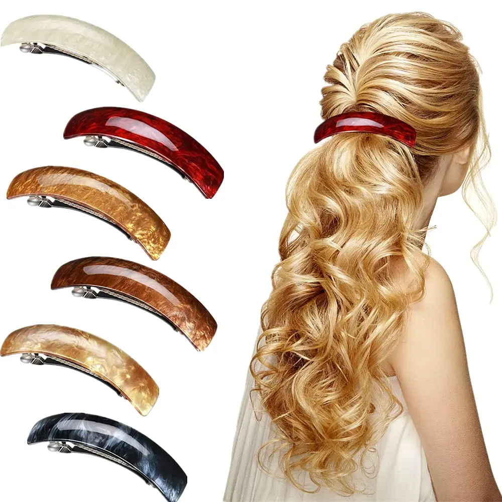 Women's Retro Acrylic Hair Barrettes - 6-Piece Set with Metal-Leather Elegant Water Pattern Spring Clasps, Casual, Convenient to Use for Thick Hair, Half-Down & Up-Do Styles, Female, 6 Pieces, Acrylic&Metal, Braiding Hair, Straight