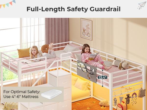 ADORNEVE L-Shaped Triple Bunk Beds Twin Size wit Staircase and 6 Drawers 3 Twin Beds with All-Around Safety Guardrails and Storage Staircase Side Storage Pocket
