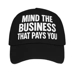 Mind the Business Hat - Black Cap with White Text, Sizes Larger, Designed for Business Casual Wear