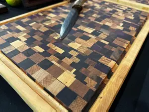 Chaos Cutting Board - End-Grain Patterned Board with Juice Grooves, Handles, and Rubber Feet