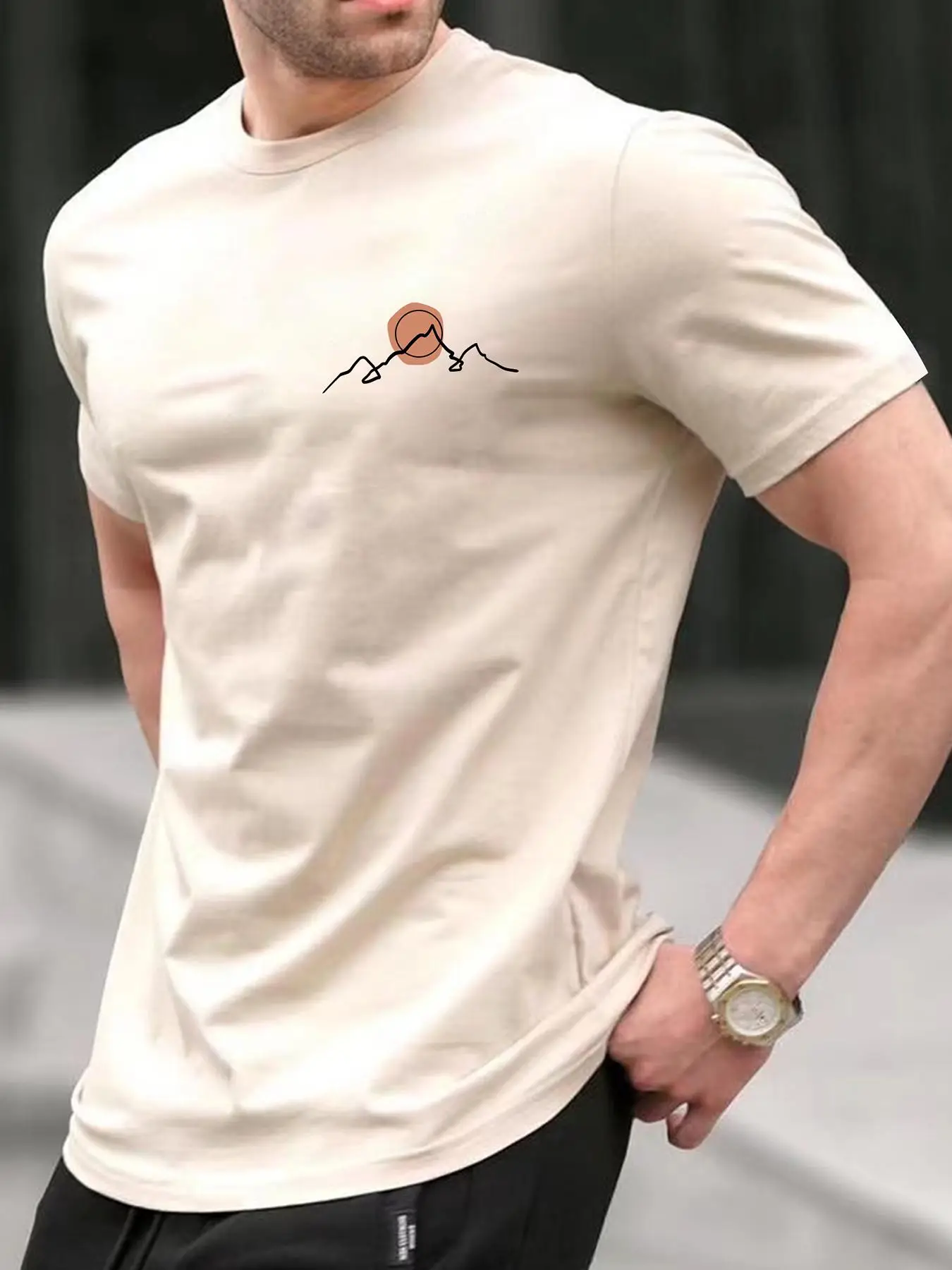 Men's Landscape Print Round Neck Graphic Tee, Casual Regular Fit Crew Neck Short Sleeve T-shirt, Streetwear, Summer Clothes