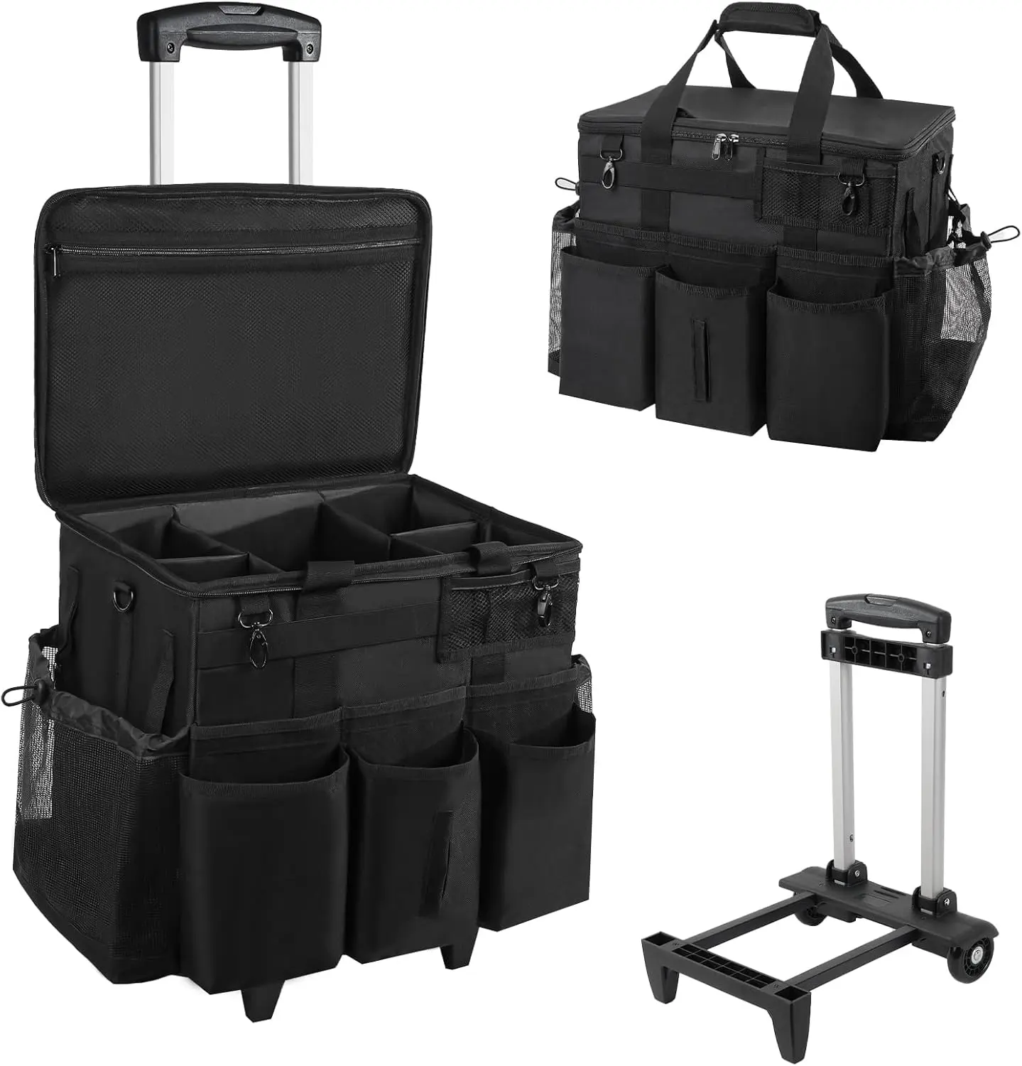 Black Rolling Cleaning Caddy Bag with Detachable Trolley, Large Multi-Pocket Organizer, Wheels, Adjustable Shoulder Strap for Housekeepers, Home Use