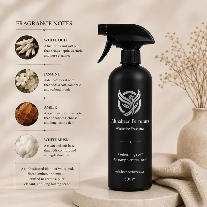 Alshaheen Perfumes 500ML Aroma Blend Scented Mist Spray - Unisex Home Fragrance Liquid, Clean & Amber White Oud Room Scents, 24-Hour Everyday Closet Freshener, No Overpowering Notes, Clean Scent Perfume