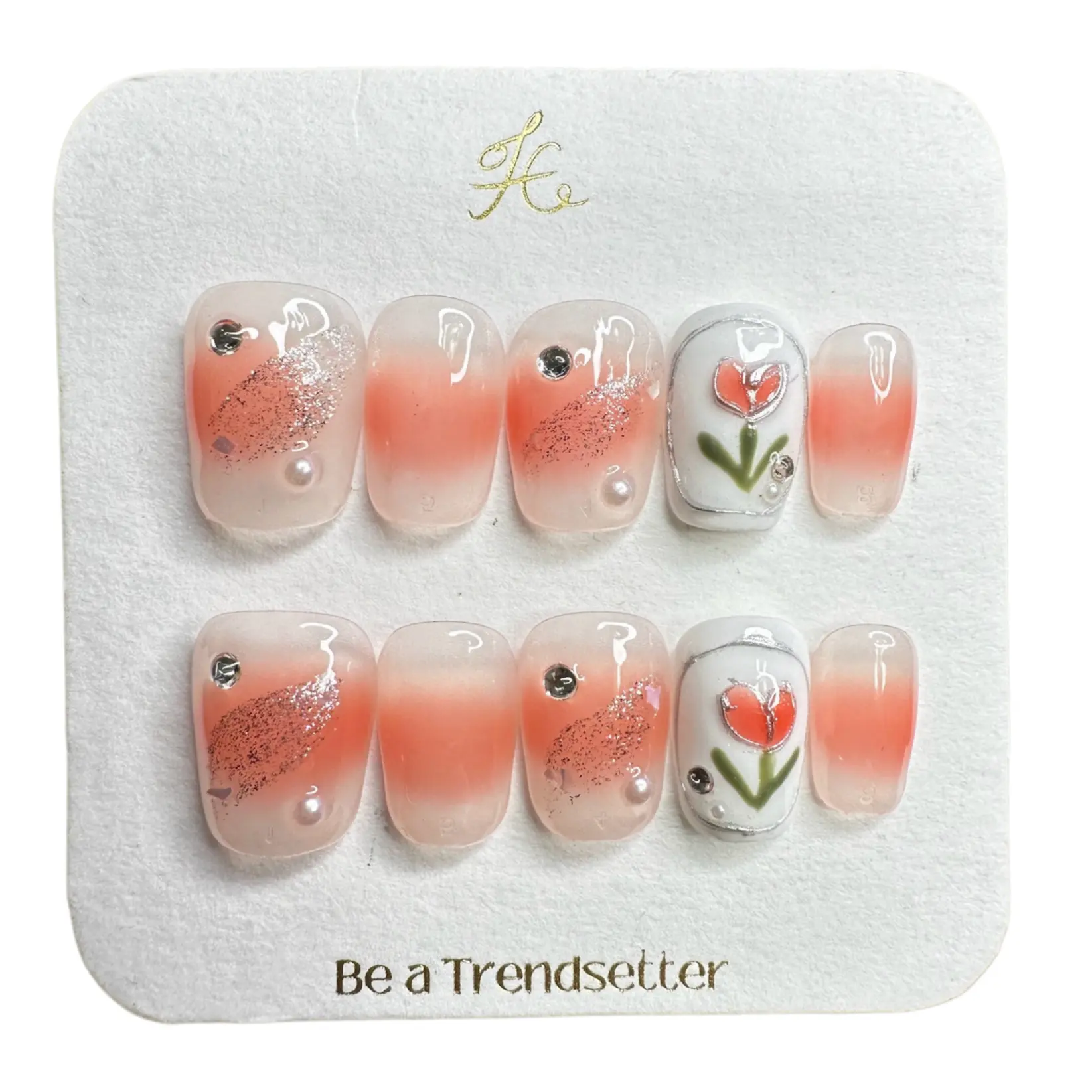 Y47 Tulip Design Press-On False Nailsshort nails | acrylic press-on| fake nails | high quality 10 pcs|reusable nails|nail art|nail charm | Salon-Quality, Long-Lastinghigh qualityHoliday Nail Art for Everyday Wear or Gift