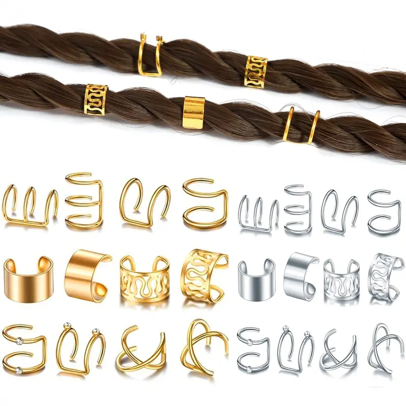 24-Piece Gold & Silver Hair & Beard Beads — Non-Piercing Clip-On Cuffs for Braids, Dreadlocks & Ear Clips — Hair Accessory Jewelry for Men & Women