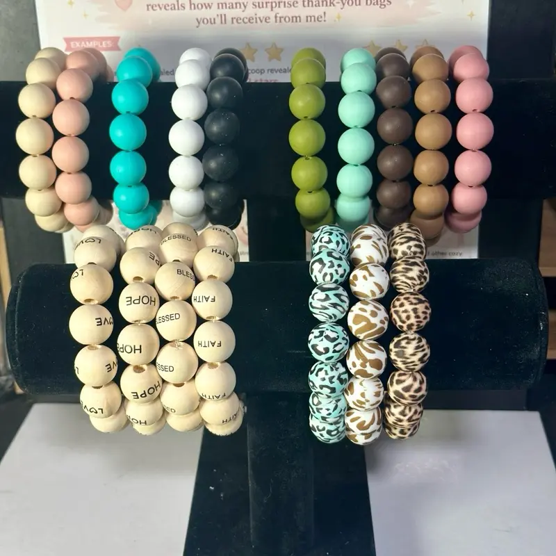 Handmade Silicone Bead Bracelet, Faith-Inspired Stretch Stackable Neutral Boho Jewelry, Gift for Her
