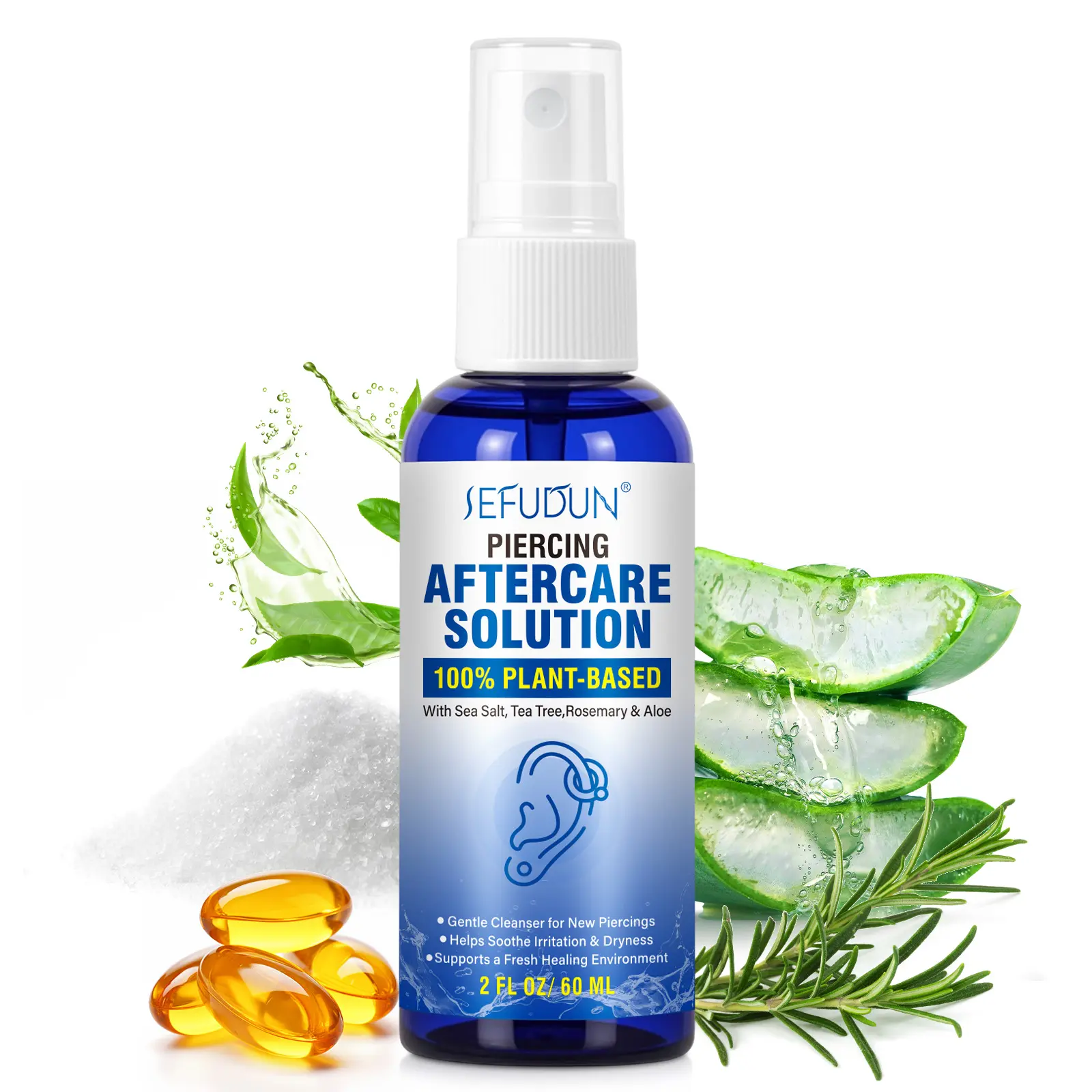 SEFUDUN Ear Piercing Aftercare Spray Ear Care Products Piercing Care Solution Cleansing Plant-Based Formula Gently Cleanses New Piercings Soothes Irritation and Dryness 60ml per bottle