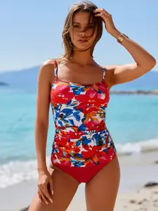 Women's Sweet Style 2-Piece Flower Print Tankini Set - Thin-Strap Tank Top, Side Drawstring, Modest Cut, Sexy Beach Swimming Suits, Swimming Suits Women