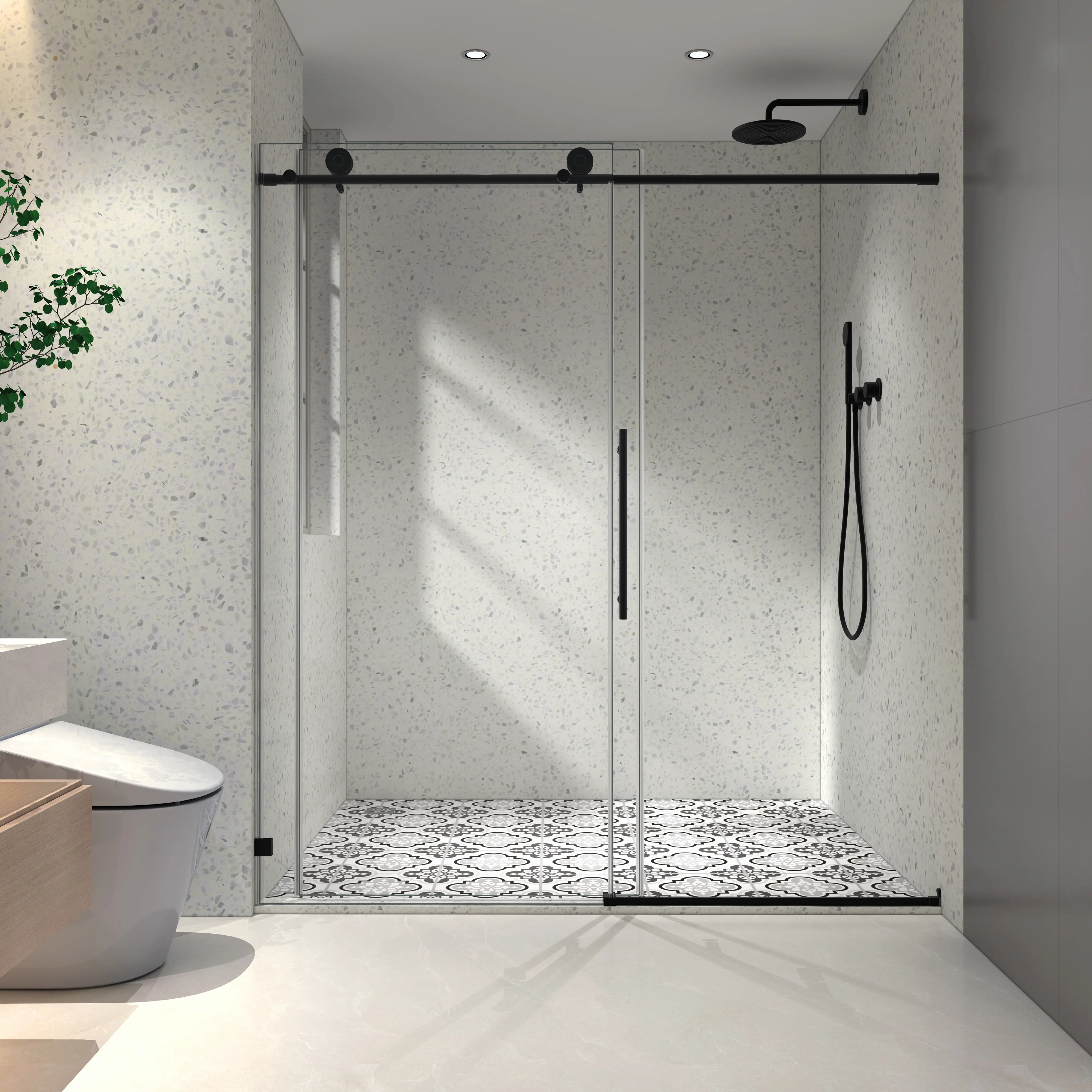 60" x 76" Matte Black Frameless Sliding Shower Door – One Fixed + One Sliding, 70mm Stainless Steel Rollers with Soft-Close, Nano Easy-Clean & Explosion-Proof Film