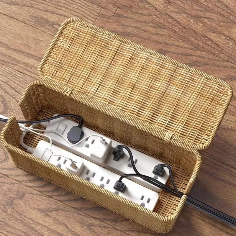 Desktop Power Line Management Box with Lid, Woven Basket Style Socket Protector, Home Data Cable Storage Bag, Wire Organizer, Cord Storage