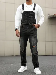 Men's Denim Overalls Workwear Pants, Lightweight Ripped Jean Jumpsuit with Adjustable Straps, Urban Style for & Street Wear