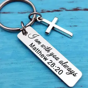 Blessing engraved pendant long strip DIY stainless steel keychain backpack car pendant