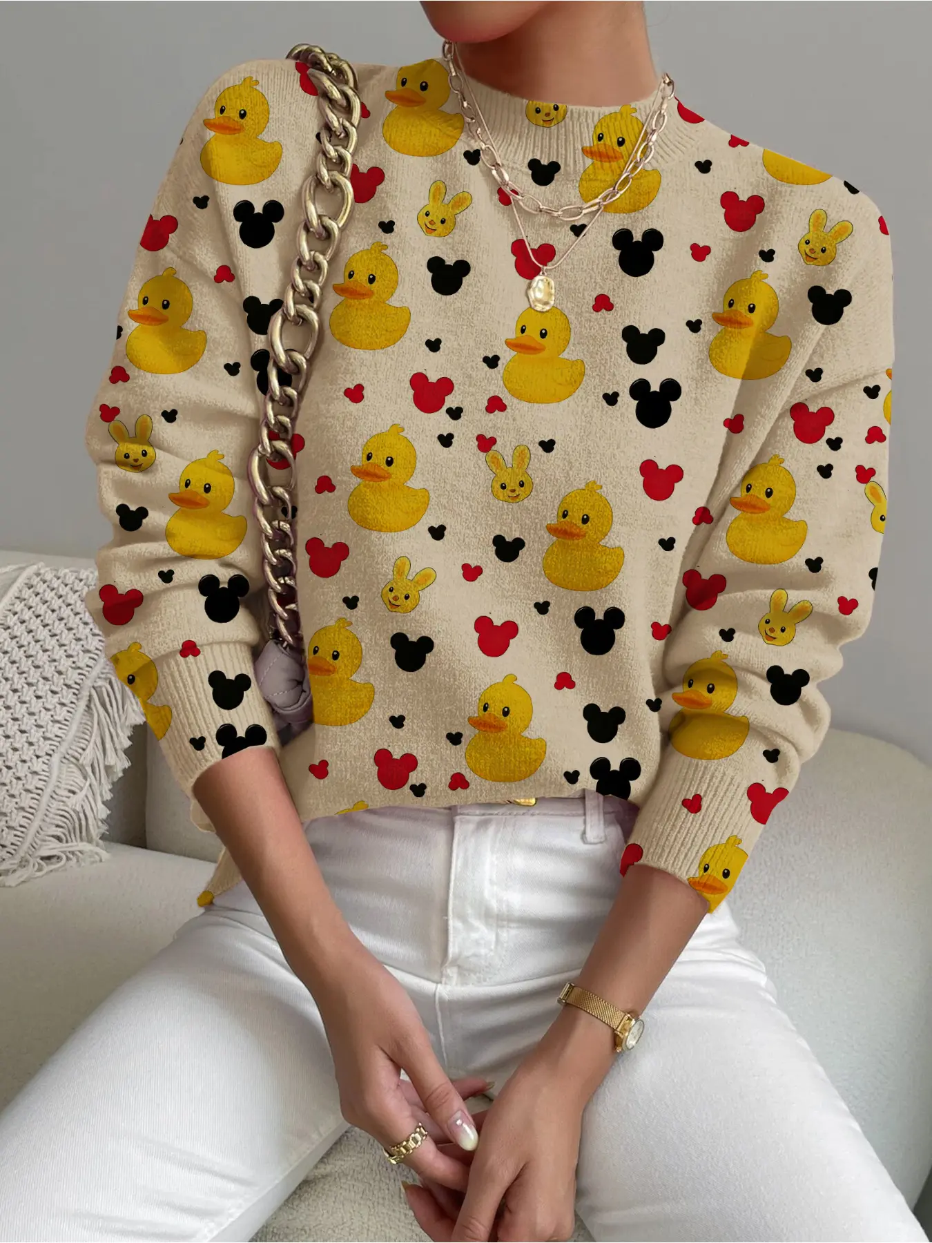 Women's Cartoon Duck Animal Print Stand Collar Sweater, Casual Long Sleeve Knitwear for Fall Winter, Comfortable Warm Daily Wear