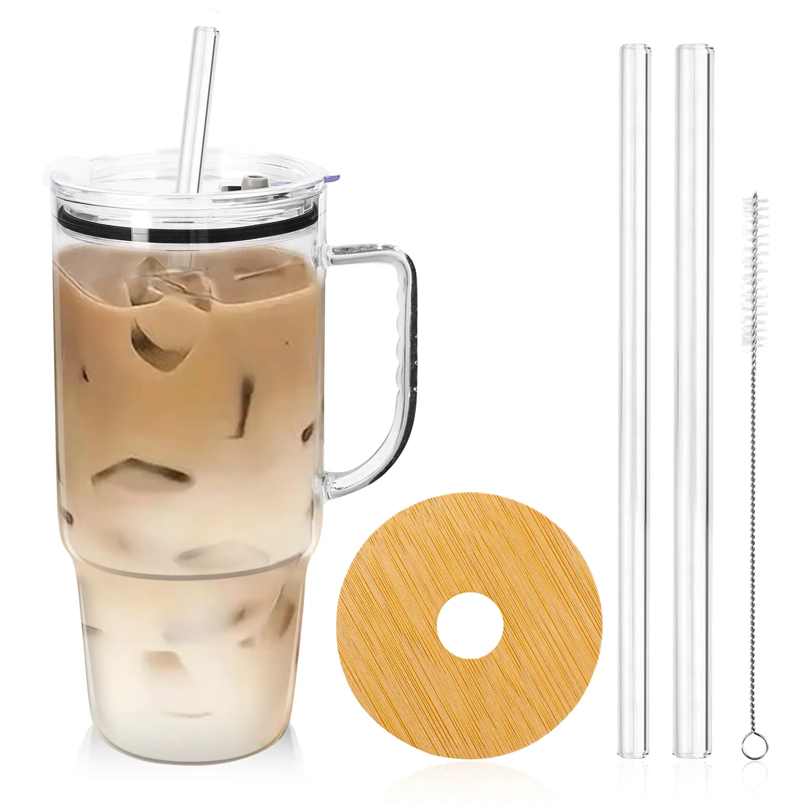 ONEHAUS 40oz Extra Large Reusable Portable Tumbler Set - High Borosilicate Glass Reusable Water Bottle, Double Straws, Dual Lids, Washable Straw Brush, Fit for Hot & Cold Beverages, Hydrogen Infused