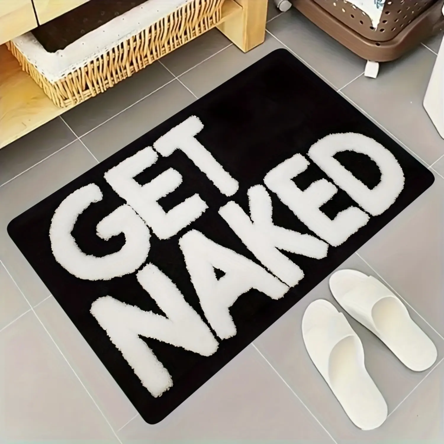Funny "GET NAKED" Plush Bath Mat Soft Absorbent Stone Mat Durable Soft Stone Bath Mat, High Quality Soft Diatomite Material, Suitable for Bathroom, Doorway, Indoor/Outdoor Use - Ideal for Bathroom, Living Room, Bedroom, Kitchen, Patio, and Laundry Room
