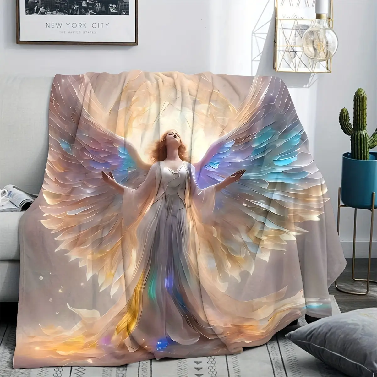 1pc Rectangular Angel Wings HD Print Flannel Throw Blanket - Soft, Cozy Warm Blanket with Non-Woven Fabric - Room Decor, Whimsical Home Decor Tapestry Gift for Friends