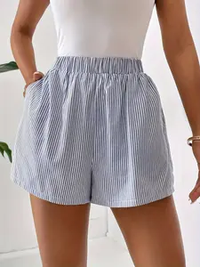 Women's Striped Print Pocket Elastic Waist Shorts, Casual Comfy Wide Leg Shorts for Summer, Fashion Women's Bottoms for Daily Wear, Casual Relaxed Shorts