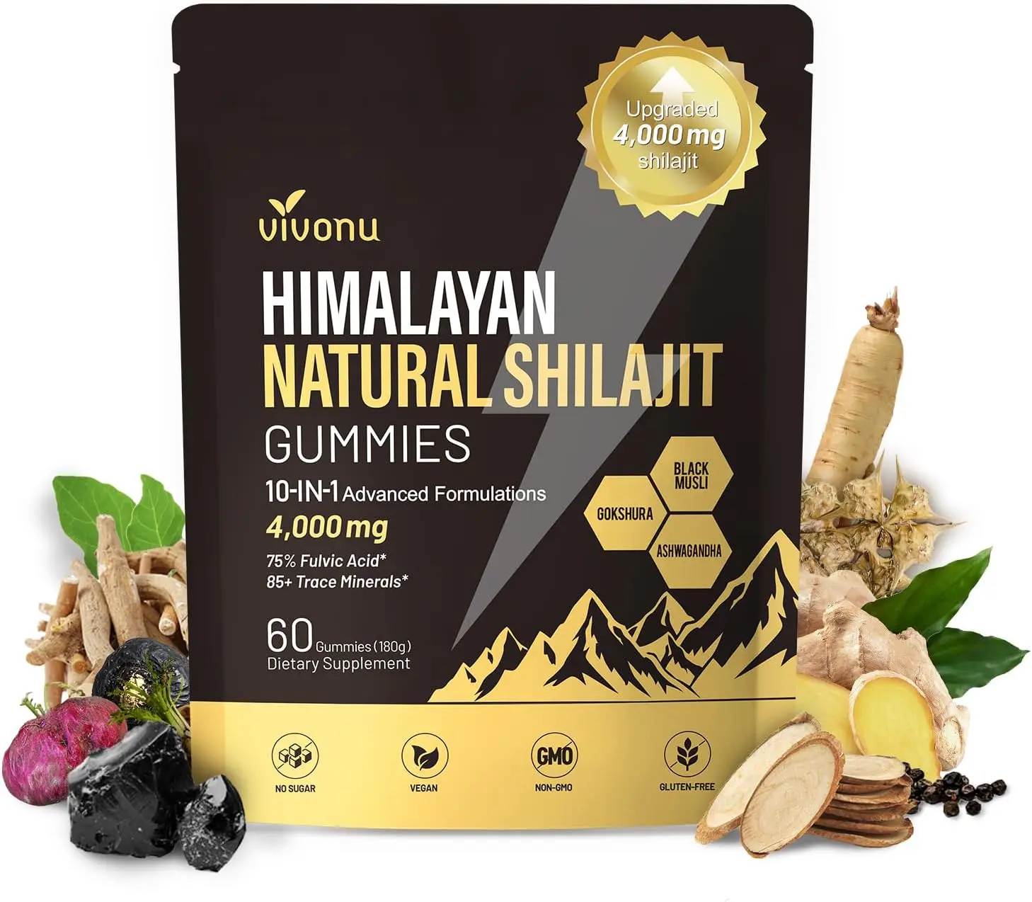 Pure Himalayan Shilajit Gummies 4000mg for Men and Women with Ashwagandha and 75 Percent Fulvic Acid 10-in-1 High Potency Formula for Energy Focus and Immune Support Sugar-Free Vegan Supplement with 85 plus Trace Minerals for Vitality and Wellness