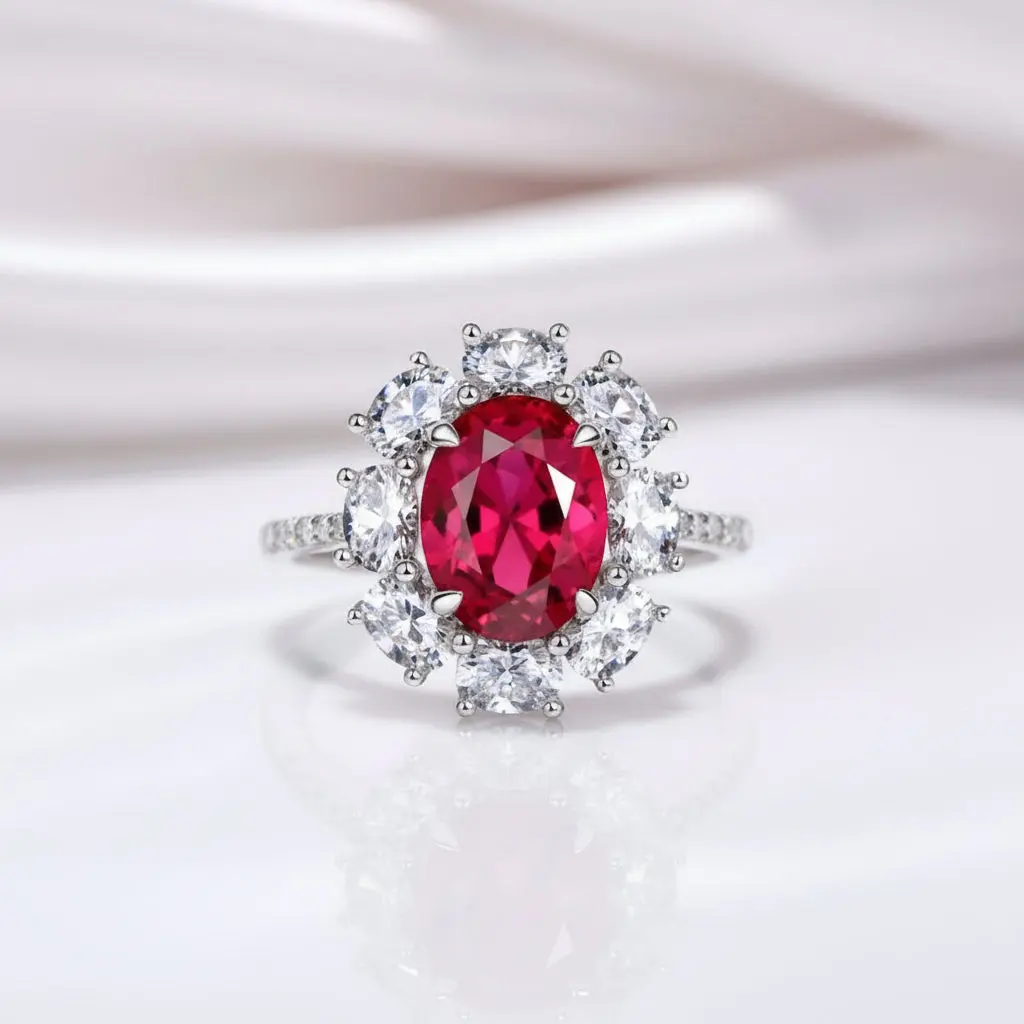 Oval Cut Red Ruby Diamond Option Halo Engagement Ring