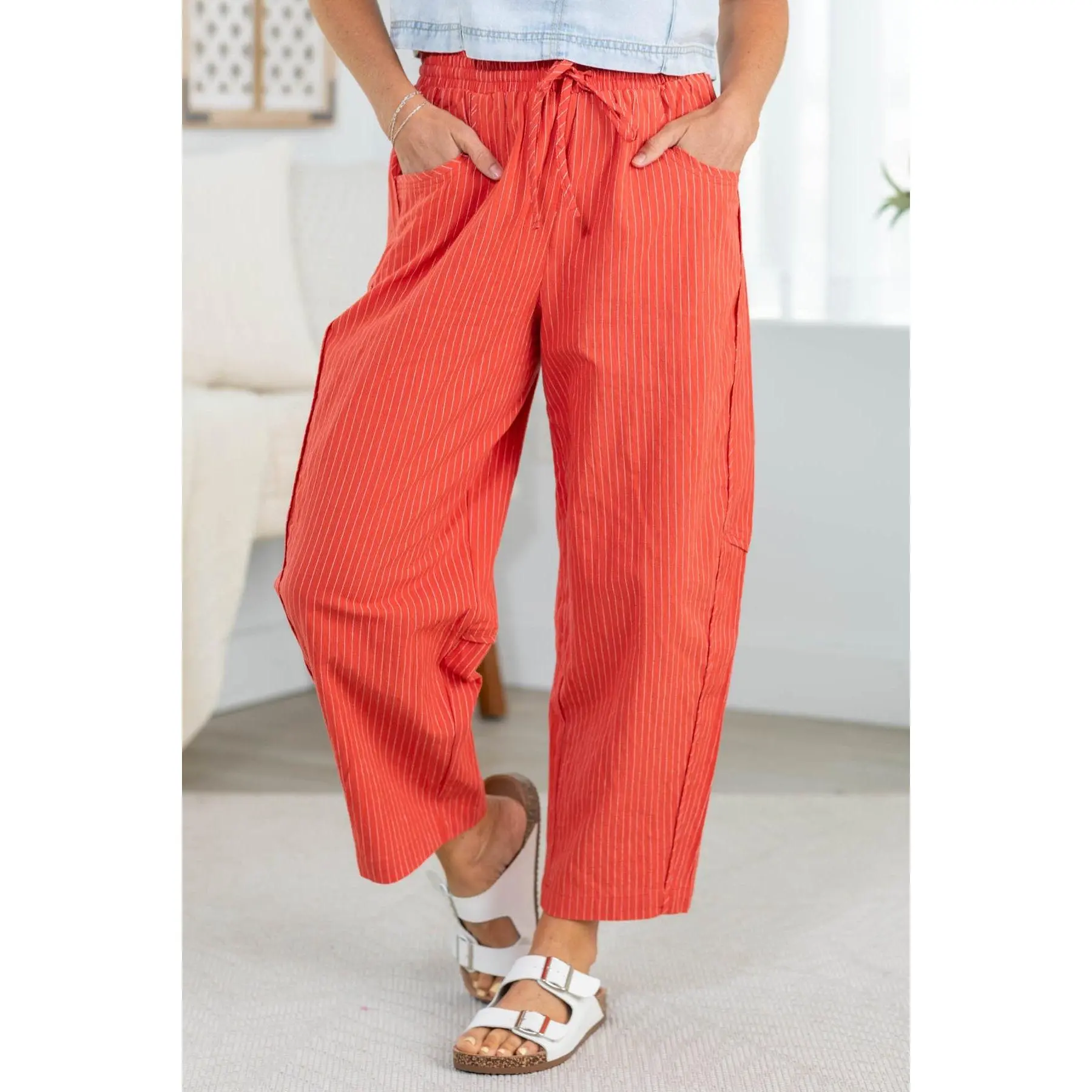 Melange Textured Stripe Barrel Pants