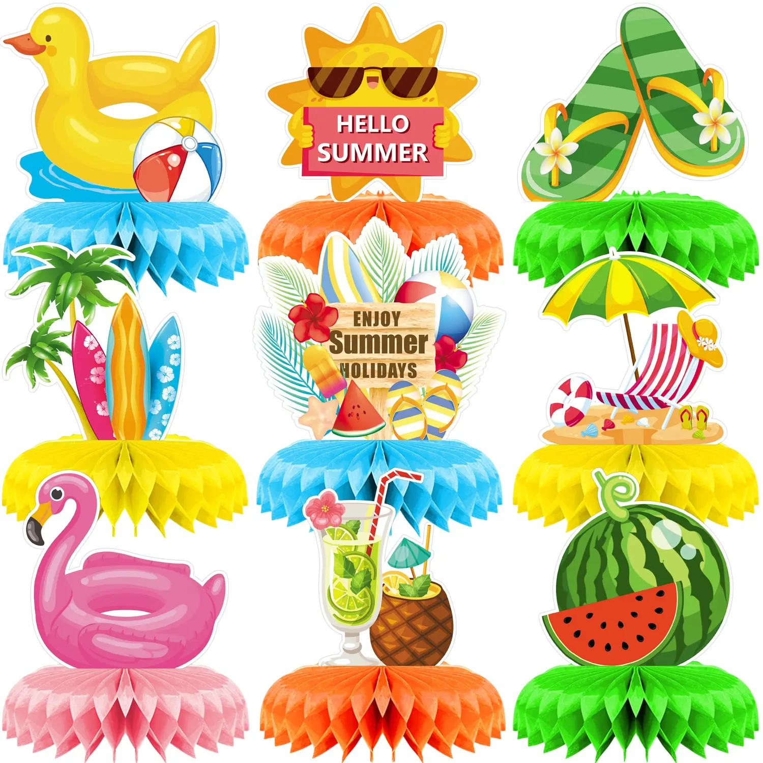 9Pcs Summer Beach Party Honeycomb Centerpieces, 3D Tropical Table Decorations for Pool Party, Luau Birthday Decor, Hawaiian Party Supplies, Summer Table Toppers for Party, Watermelon Sun Coconut Elements