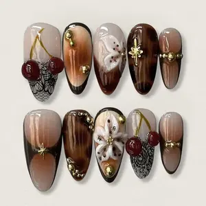 3D Shadow Floral Cherry French Starry Gold Bead Vintage Nails, Flower Design Nails, Removable Glossy Press-On Manicure Set, 30 Pieces for Chic Style