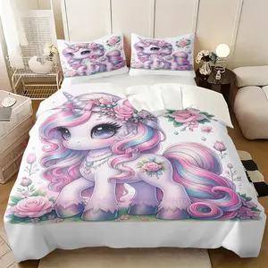 Cute Unicorn Bedding Set — 2/3 Pieces: Pink Floral Unicorn Print Duvet Cover & Pillowcase Set. Kawaii Bedroom Decor Designed for Girls—Soft & Skin-Friendly (Includes 1 Comforter Cover + 1 or 2 Pillowcases; Fillers Not Included)。Available in three colors