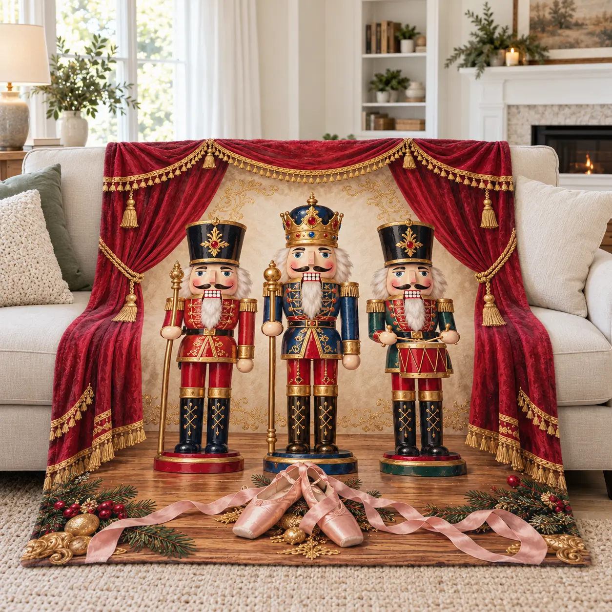 Nutcracker Christmas Blanket, Vintage Ballet Theater Throw with Three Toy Soldiers, Red Curtain & Ballet Slippers, Festive Winter Home Decor, Christmas Gift, Black Friday Deals 2026