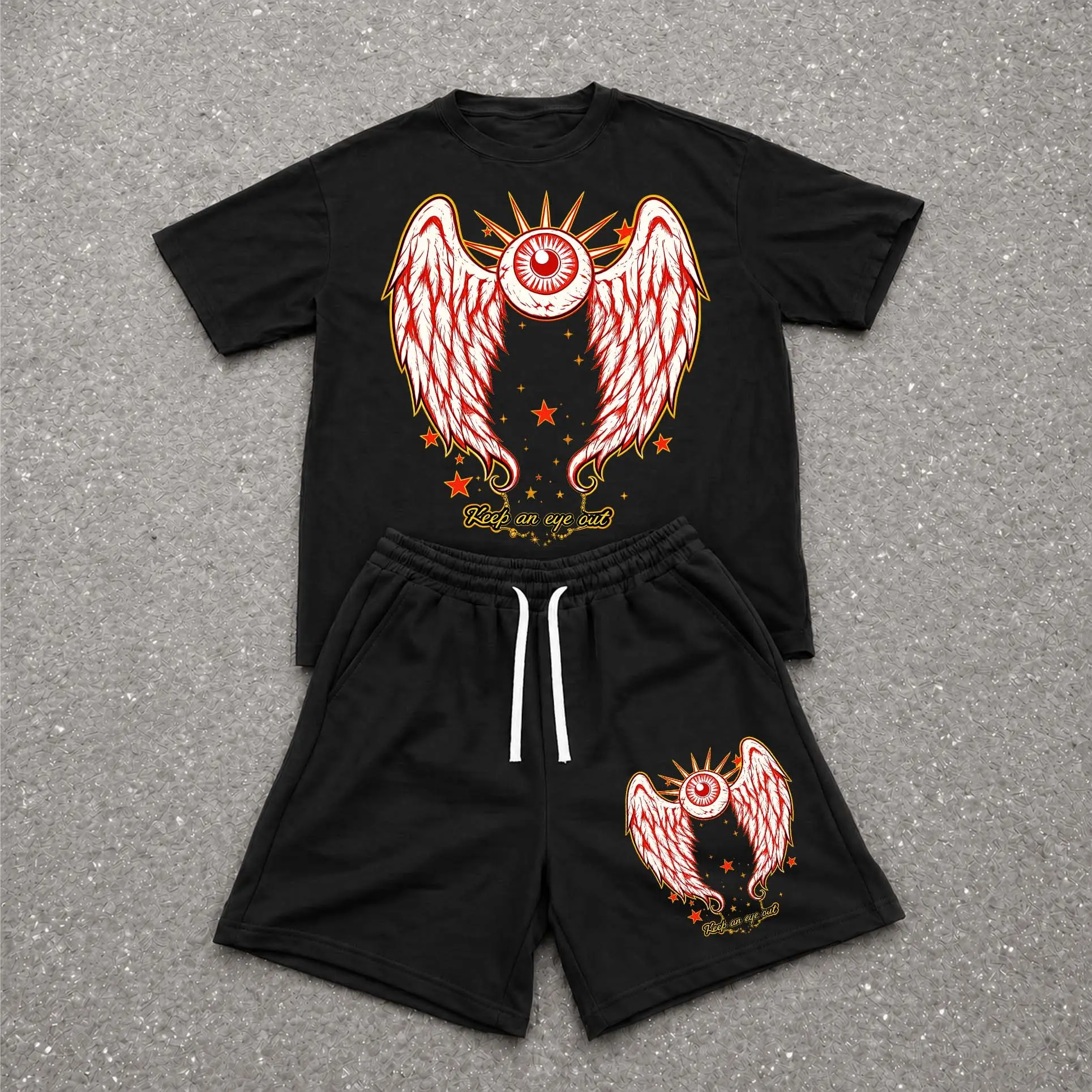 Men’s Summer 2 Piece Set, Winged Eyeball Skull Ink Splatter Hiphop Street Style Print Short Sleeve T Shirt and Drawstring Shorts Matching Outfit, Lightweight Breathable Casual Set for Travel, Streetwear, Beach, Vacation, and Daily Wear