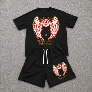 Men’s Summer 2 Piece Set, Winged Eyeball Skull Ink Splatter Hiphop Street Style Print Short Sleeve T Shirt and Drawstring Shorts Matching Outfit, Lightweight Breathable Casual Set for Travel, Streetwear, Beach, Vacation, and Daily Wear
