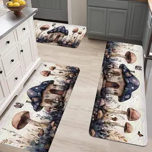 Flannel Floor Mat Set 3 Piece Mushroom Pattern Kitchen Mat Non-Slip Washable for Country Style Homes Soft Texture Anti-Slip Backing Minimalist Print, kitchen laundry room hallway,botanical area rug carpet cozy