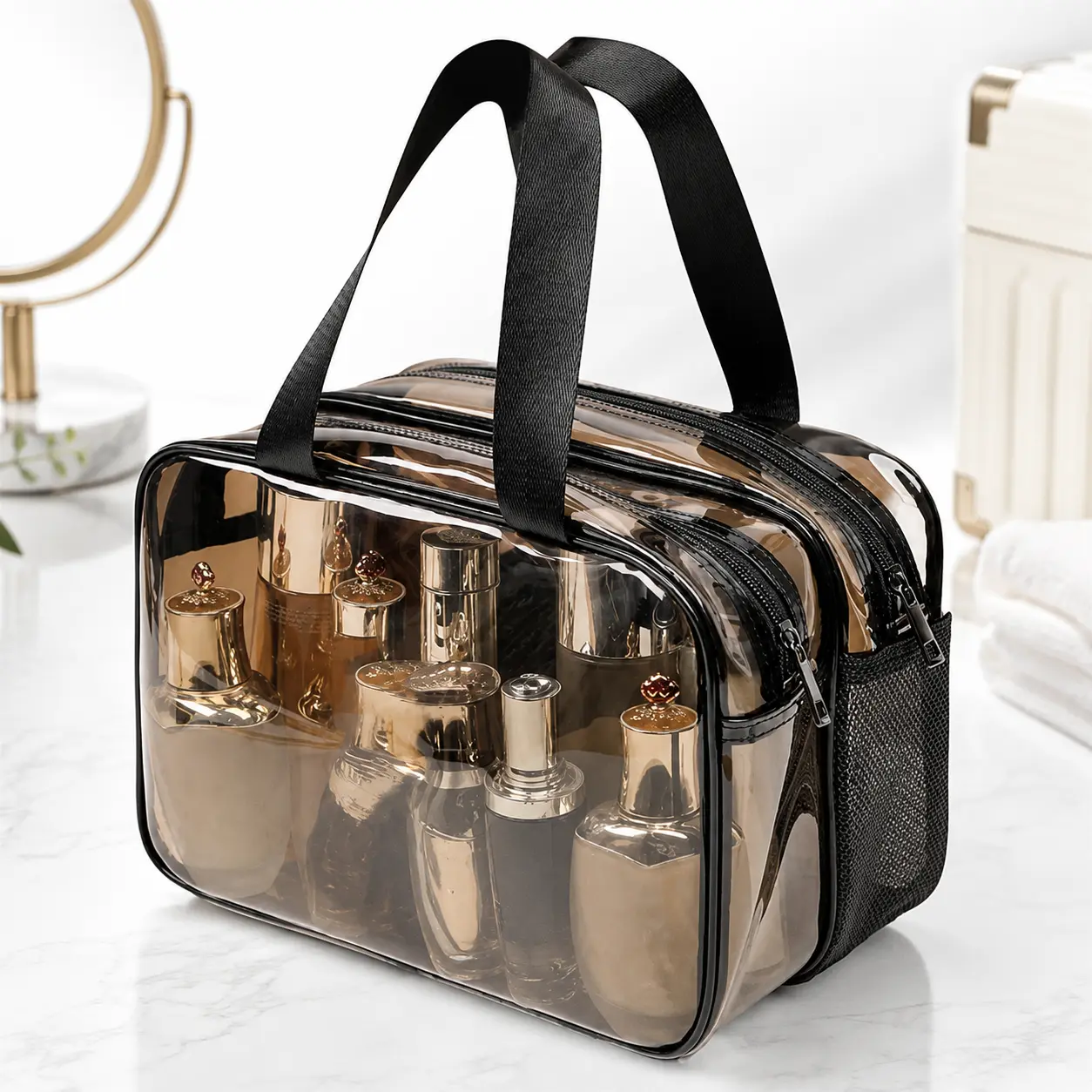 Transparent Zipper-Closure Toiletry Travel Bag, for Cosmetics & Washing Supplies Sorting, Multi-Purpose Make-up Organizer, Sturdy Clear Storage Bag for Indoor & Outdoor Use