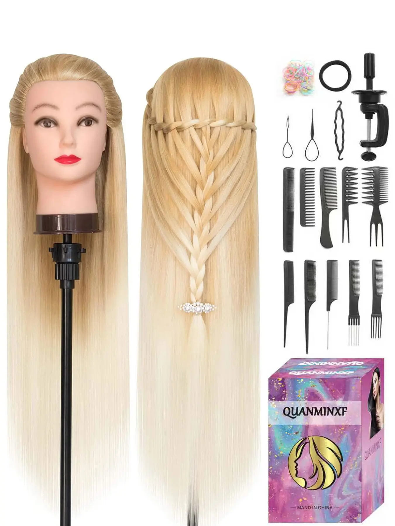 Styling Head 28 inch Practice Mannequin Head Training Head Mannequin Head Synthetic Hair Hairdressing Head, Come with 10 Combs and DIY Set